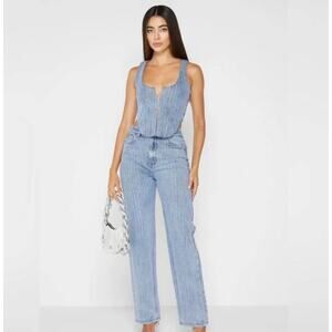 Maniere De Voir Jeans 4 Rhinestone High Rise Straight Leg Blue Denim Sexy